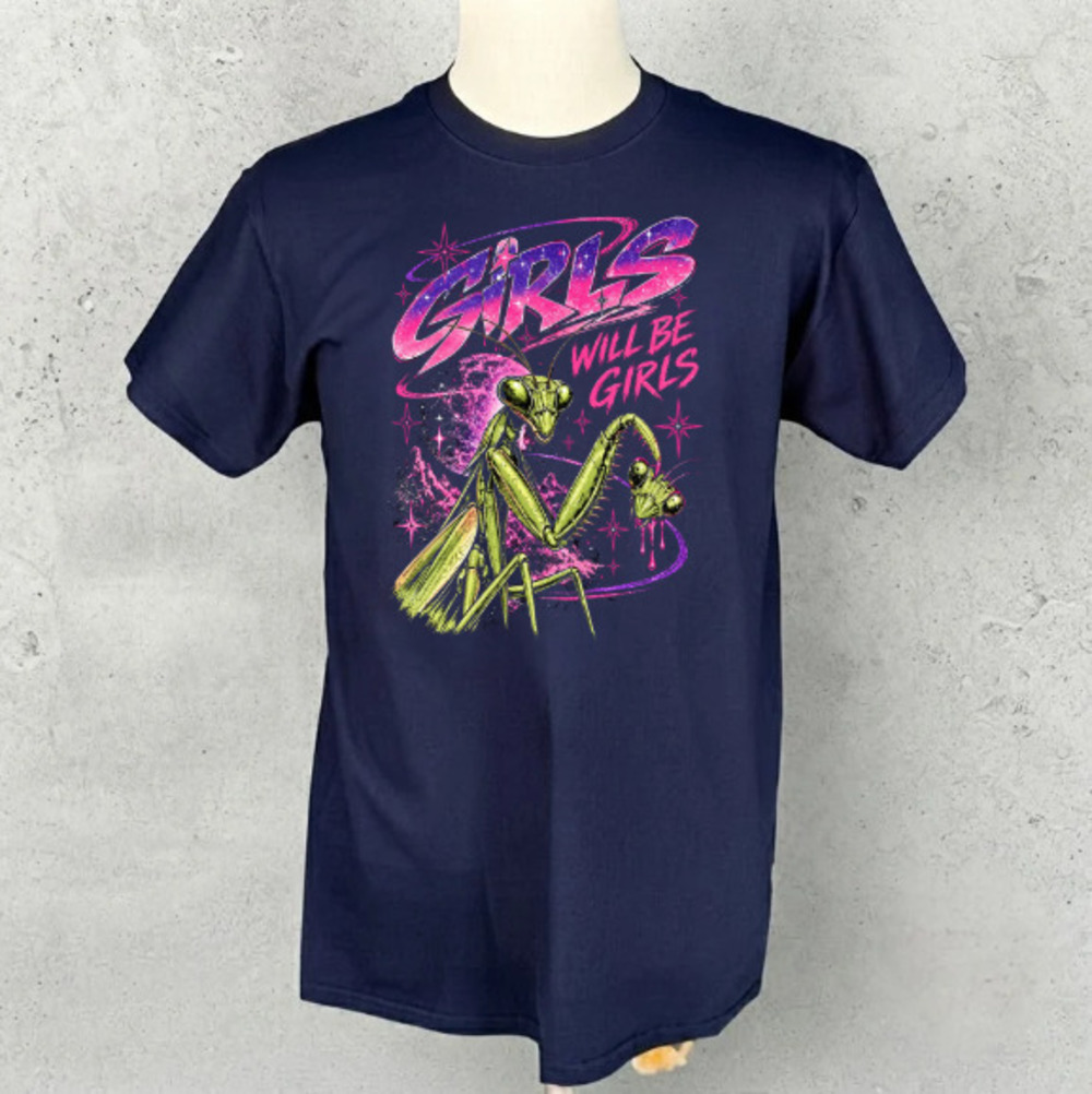 Girls Will Be Girls Praying Mantis Neon Galaxy Vintage Navy Blue T-Shirt